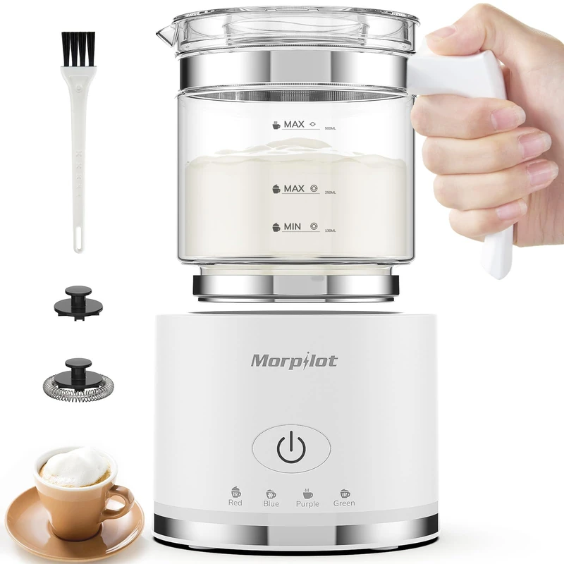 Morpilot Electric Milk Frother, 500 ml, 600 W, 4 in 1 Milk Frother for Hot and Cold, Dishwasher Safe, Visual Glass, Latte Design, White