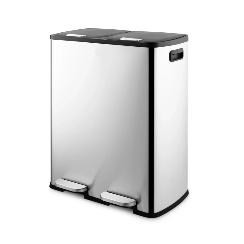Swan 60L Recycling Bin with 2 x 30L Compartments, Soft Close Lids, Foot Pedal System, Removable Inner Buckets, Stainless Steel with Fingerprint Proof Finish
