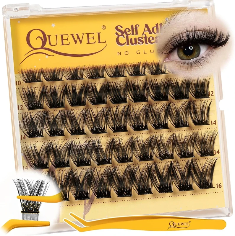 QUEWEL Self Adhesive Eyelash Clusters, D Curve Pre Glued Cluster Lashes, Strong Hold 10-16MM No Glue Needed Self Adhesive Lashes Kit at Home(MJ05-NEW)