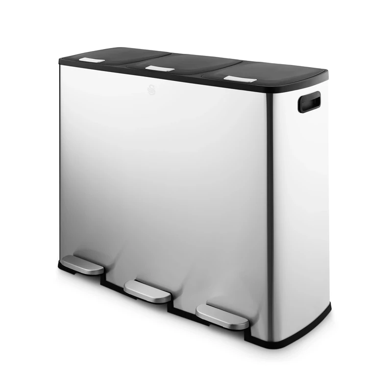 Swan 90L Recycling Bin with 3 x 30L Compartments, Soft Close Lids, Foot Pedal System, Removable Inner Buckets, Stainless Steel with Fingerprint Proof Finish