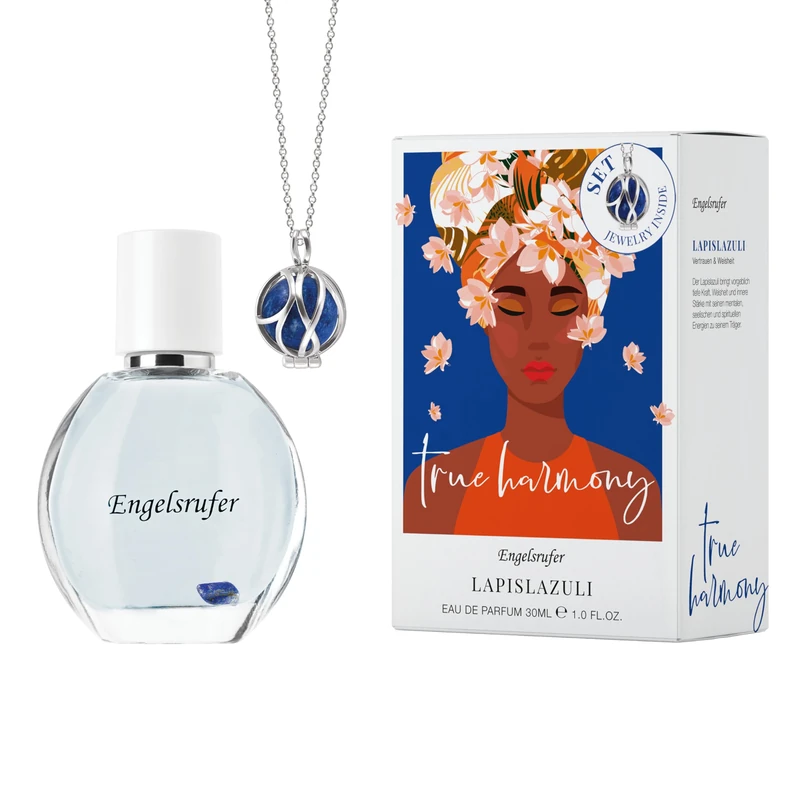 Engelsrufer Powerful Stone Fragrance Set Women - Eau de Parfum 30 ml True Harmony & Paradise Necklace with Real Lapis Lazuli Stainless Steel IP Rhodium - Gift Women