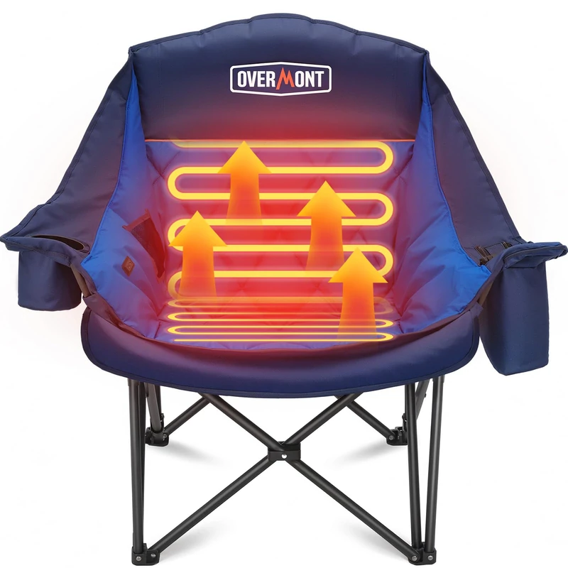 OVERMONT Oversized XL Heating Camping Folding Chair for Adults - 450lbs Support Heavy-Duty Padded Folding Chair with Side Pocket Cup Holder for Outdoor Sports Garden Beach Fishing Lawn Blue