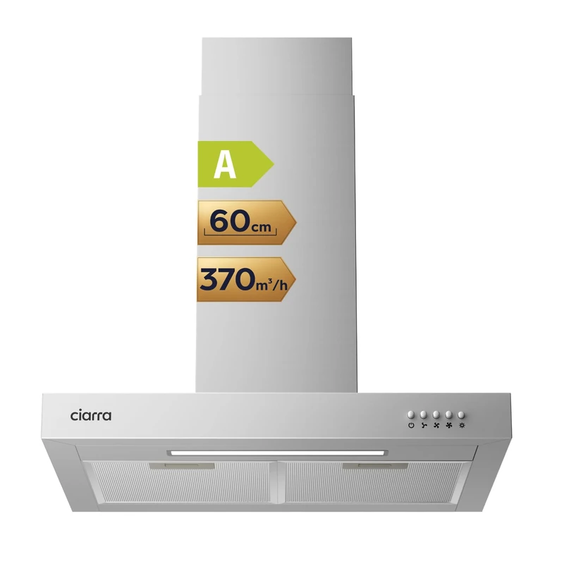 CIARRA 60cm Cooker Hood 370m³/h Class A Wall-Mounted Cooker Hood with LED Light,Recirculating & Ducting, 3 Speeds Stainless Steel Kitchen Extractor Fan - CBCS6125