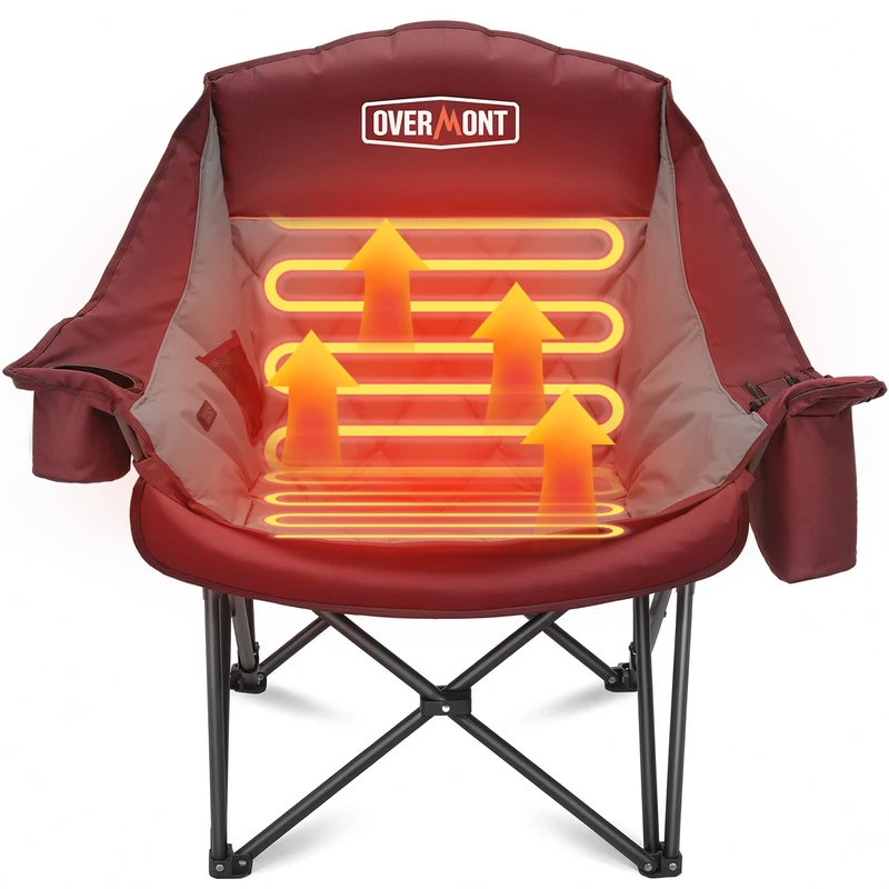 OVERMONT Oversized XL Heating Camping Folding Chair for Adults - 450lbs Support Heavy-Duty Padded Folding Chair with Side Pocket Cup Holder for Outdoor Sports Garden Beach Fishing Lawn Red
