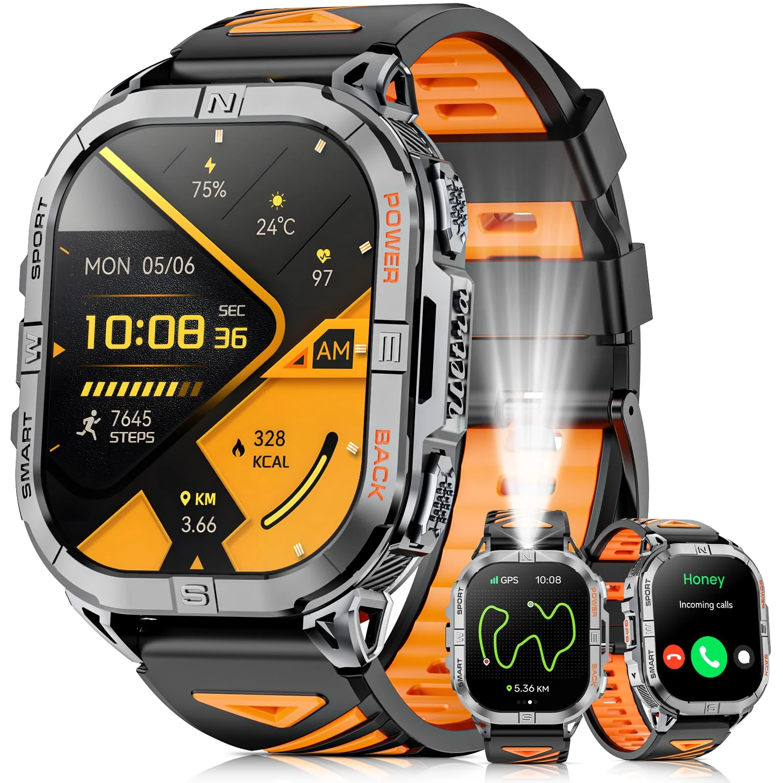 Military Smart Watch for Men, Rugged GPS Watch with LED Flashlight Compass, 2.13" AMOLED Smart Watches(Answer/Dial Calls), 3ATM Waterproof Fitness Tracker with Heart Rate/Sleep for iPhone (Black)