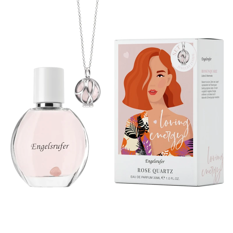 Engelsrufer Powerful Stone Fragrance Set Women - Eau de Parfum 30 ml Loving Energy & Paradise Necklace with Real Rose Quartz Stainless Steel IP Rhodium - Gift Women - Image 1