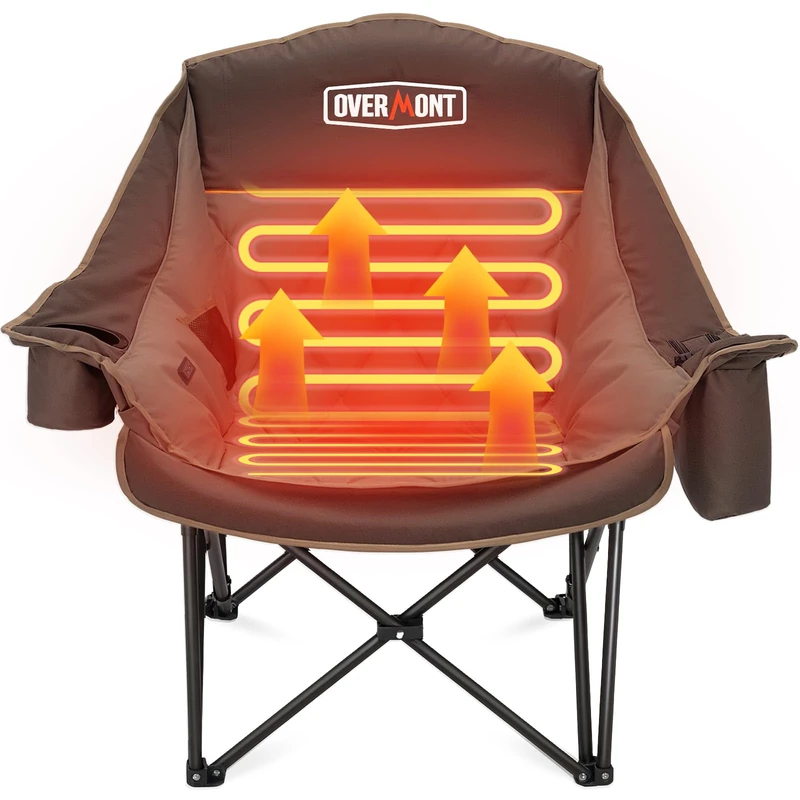 OVERMONT Oversized XL Heating Camping Folding Chair for Adults - 450lbs Support Heavy-Duty Padded Folding Chair with Side Pocket Cup Holder for Outdoor Sports Garden Beach Fishing Lawn Khaki