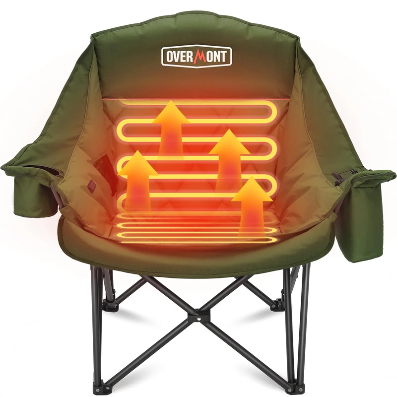 OVERMONT Oversized XL Heating Camping Folding Chair for Adults - 450lbs Support Heavy-Duty Padded Folding Chair with Side Pocket Cup Holder for Outdoor Sports Garden Beach Fishing Lawn Green