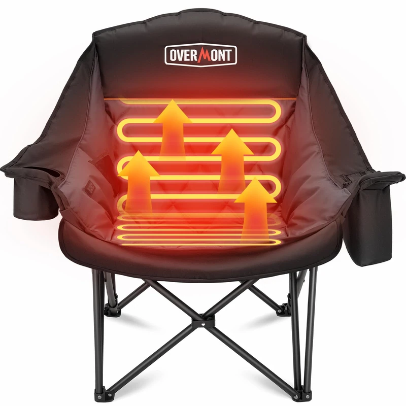 OVERMONT Oversized XL Heating Camping Folding Chair for Adults - 450lbs Support Heavy-Duty Padded Folding Chair with Side Pocket Cup Holder for Outdoor Sports Garden Beach Fishing Lawn Black