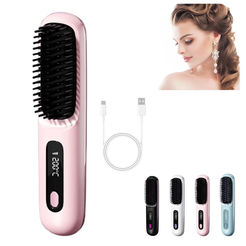 Glowcept Heated Brush for Short Hair 3 Heat Settings LED Display MCH Ceramic Fast Heating Anti Scald Lightweight Portable Hair Styler (Pink)