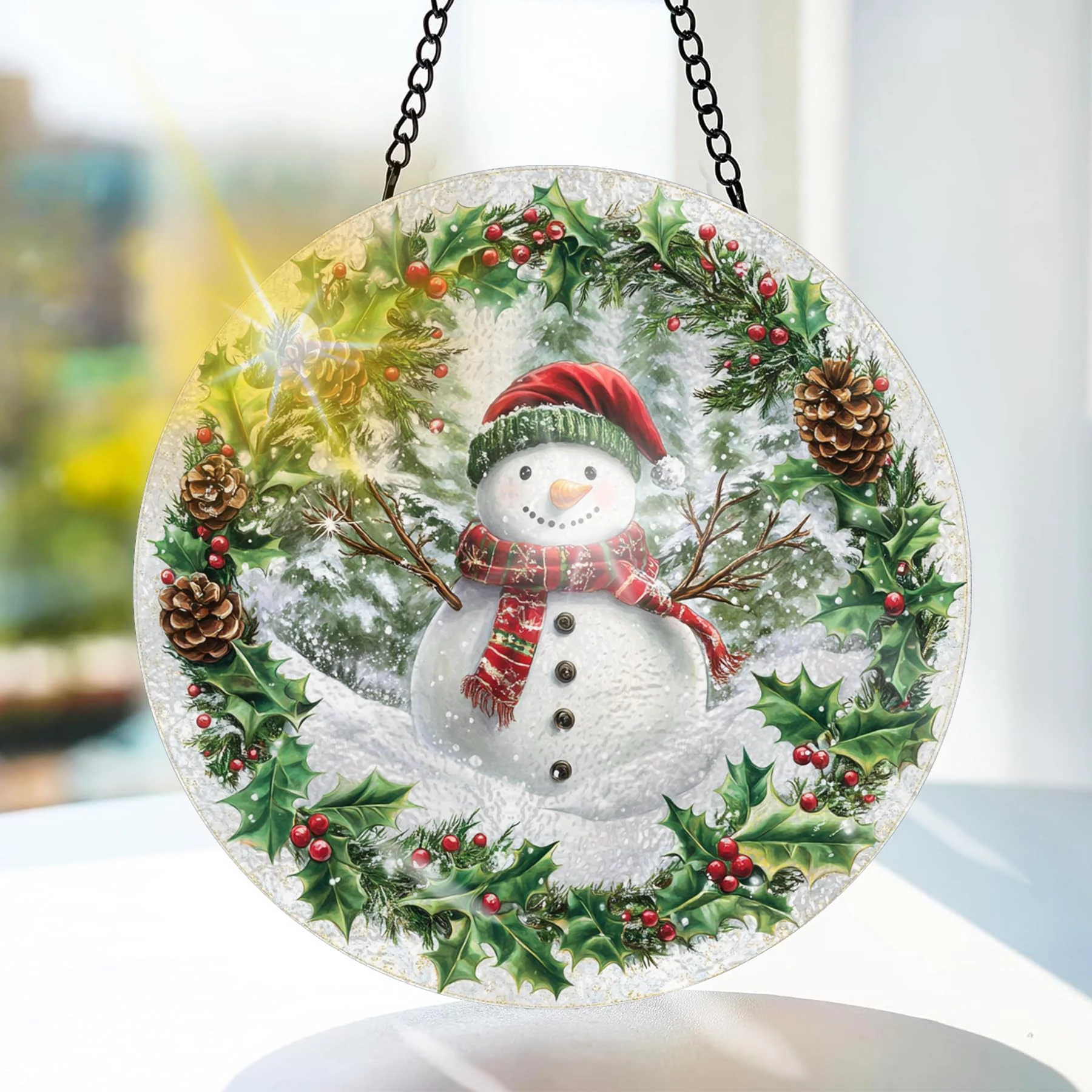 Bimkole Snowman Stained Glass Suncatcher Window Hanging - Christmas Indoor Window or Doorway Decoration - Handmade Sun Catcher Decor for Garden Home Christmas & Birthday Gifts 7.87x7.87 inch