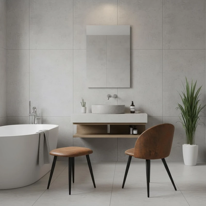 FurnitureR Faux Leather Bathroom Stool, Brown Upholstered Seat with Black Metal Legs,4pcs