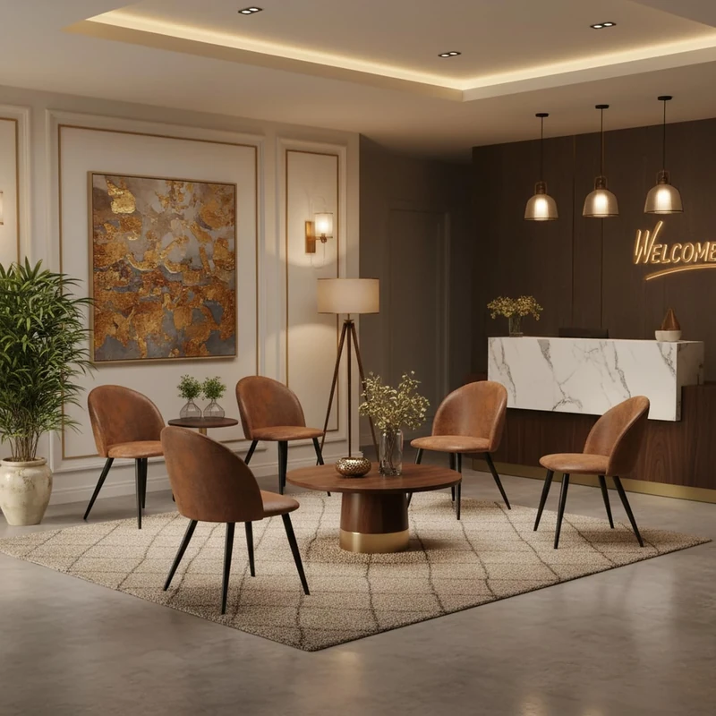 FurnitureR Brown Faux Leather Reception Chair with Upholstered Seat and Black Metal Frame, Modern Guest Seating,4pcs