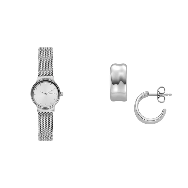 Skagen Women's Freja Lille Silver-Tone Stainless Steel Watch and Anja Pebbles Earrings, Set