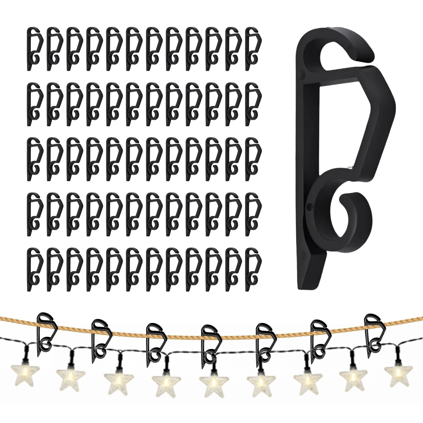 Gutter Hooks for Outdoor Lights, 60 Pcs Christmas Light Clips, Plastic Gutter Hanging Hooks, String Lights Clips for Christmas, Holiday Party, and Garden Decoration (Black)
