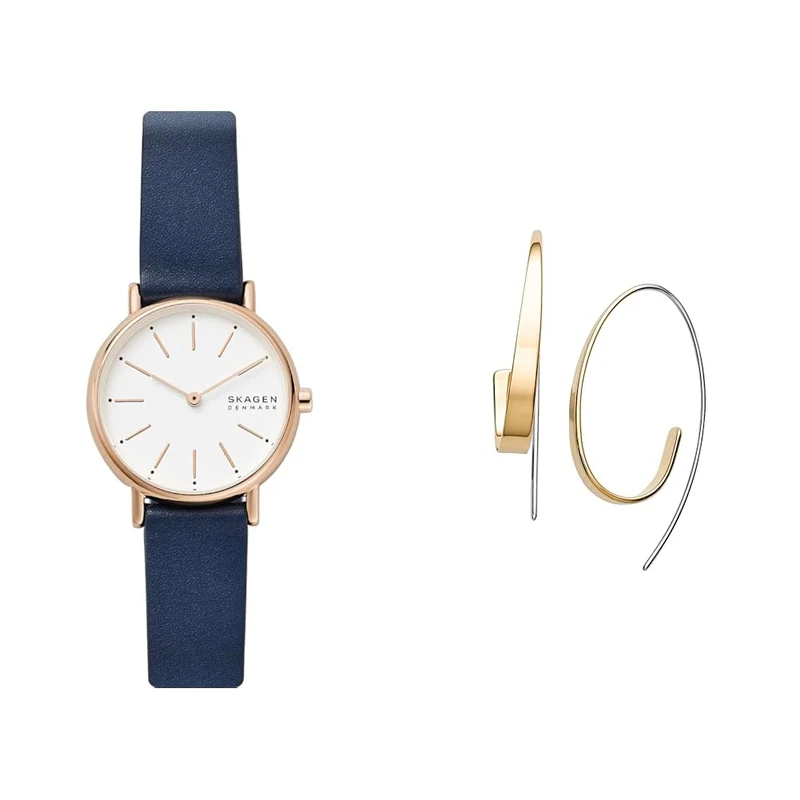 Skagen Women's Signatur Lille Blue Leather Watch and Kariana Gold-Tone Stainless Steel Earrings, Set
