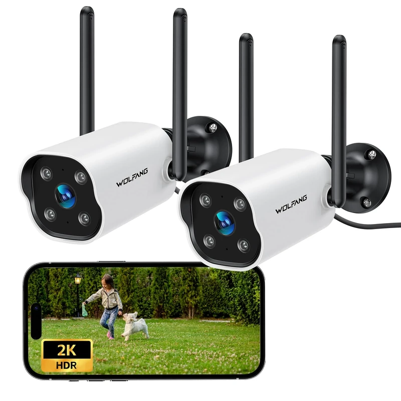 WOLFANG Security Camera Outdoor 2-Pack, 2K CCTV Camera Security with Night Vision, AI Motion Detection, IP65 Weatherproof, Siren Alarm, 2-Way Audio, 2.4GHz WiFi, Cloud&SD