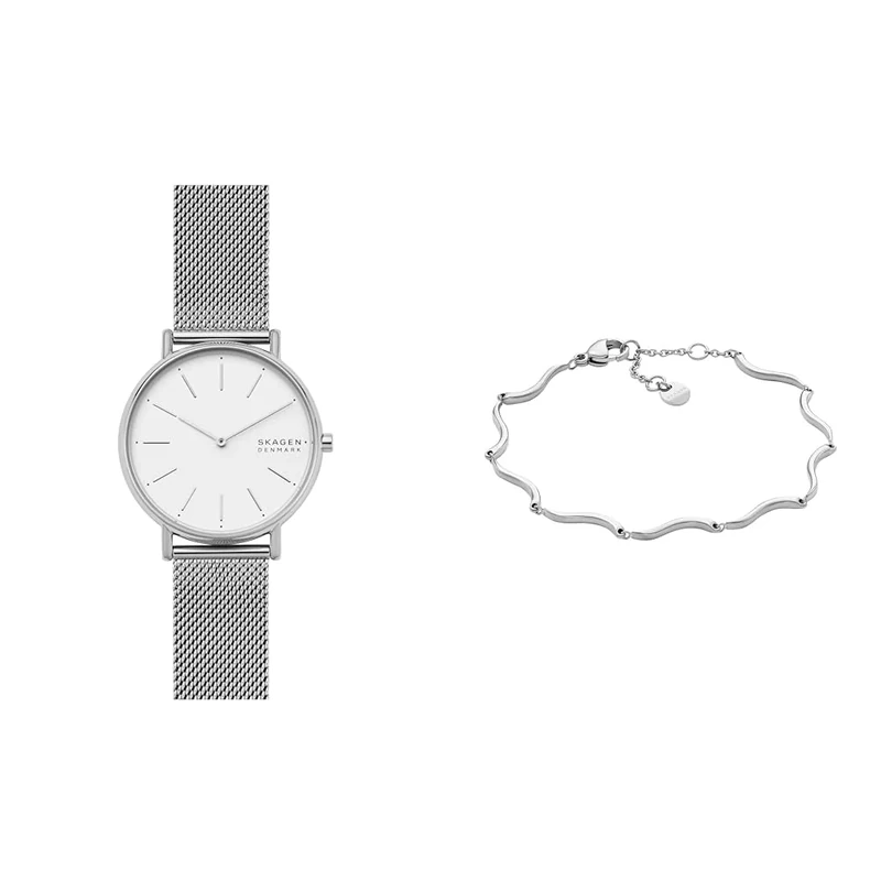 Skagen Women's Signatur Silver-Tone Stainless Steel Watch and Essential Waves Bracelet, Set