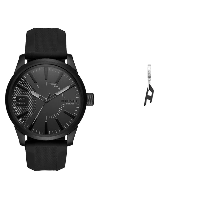 Diesel Men's Rasp Black Silicone Watch and Stainless Steel Earring Set