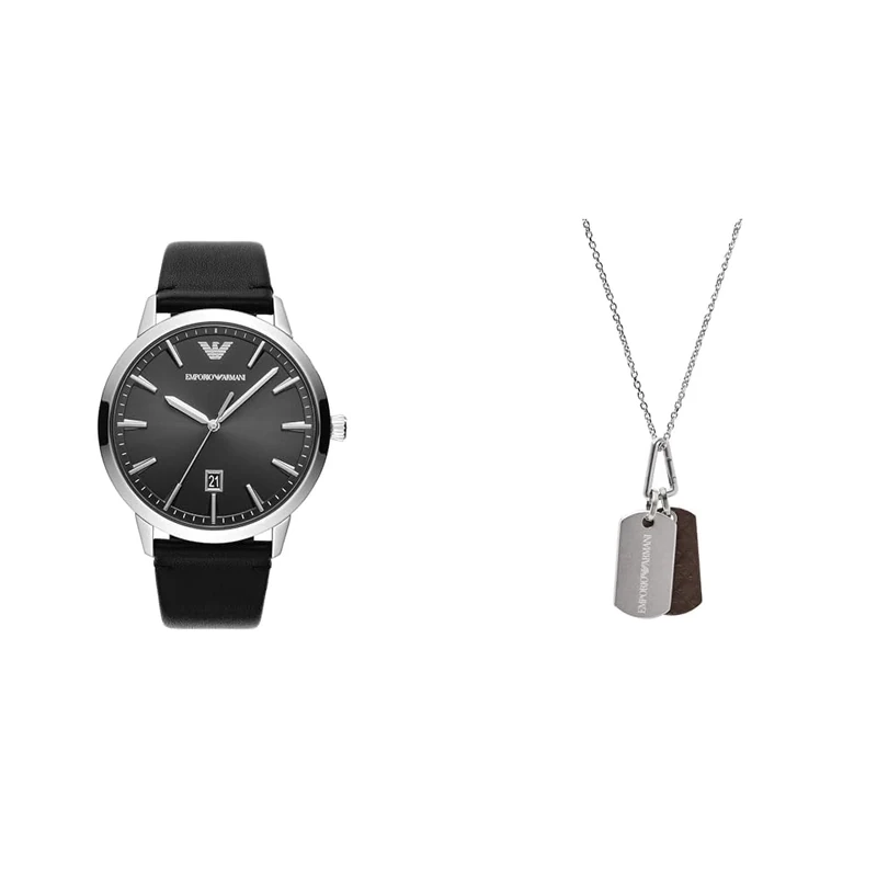 EMPORIO ARMANI Men's Black Leather Watch and Silver-Tone Stainless Steel Necklace, Set