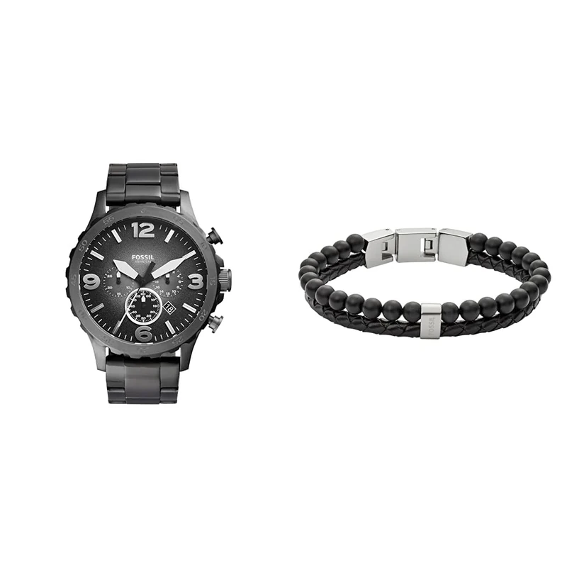 FOSSIL Men's Nate Grey Stainless Steel Watch and Townsman Black Semi-Precious Bracelet, Set