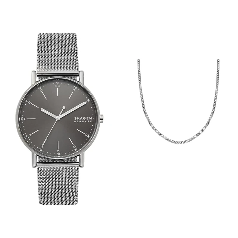 Skagen Men's Signatur Grey Stainless Steel Watch and Silver-Tone Necklace, Set