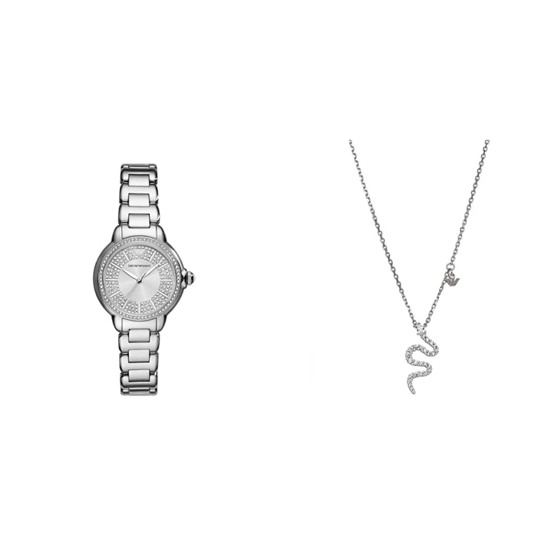 Emporio Armani Women's Silver-Tone Stainless Steel Watch and Necklace, Set