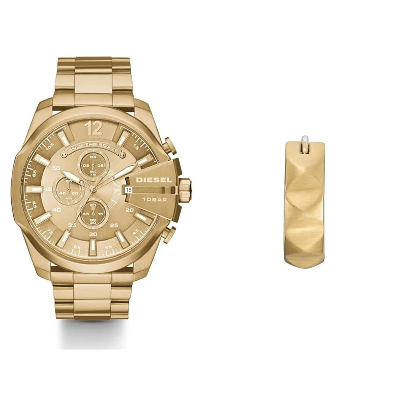 Diesel Men's Mega Chief Gold-Tone Stainless Steel Watch and Earrings, Set