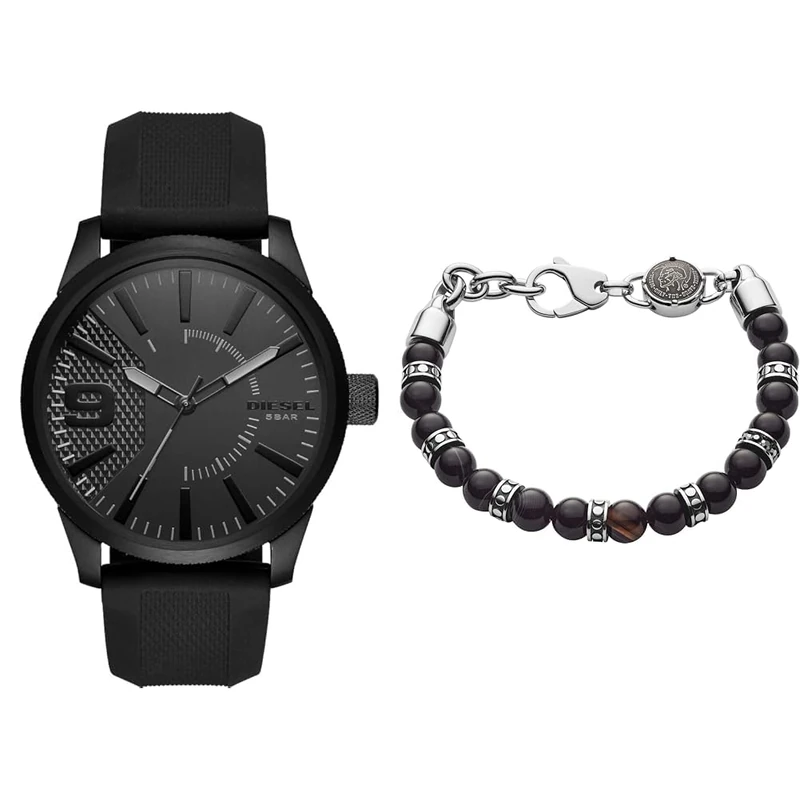 Diesel Men's Rasp Black Silicone Watch and Agate Bracelet Set