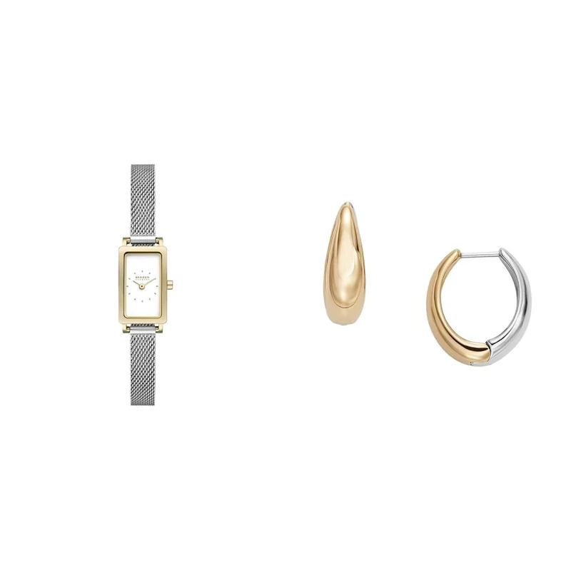Skagen Women's Hagen Micro Silver-Tone Stainless Steel Watch and Linje Modern Two-Tone Earrings, Set