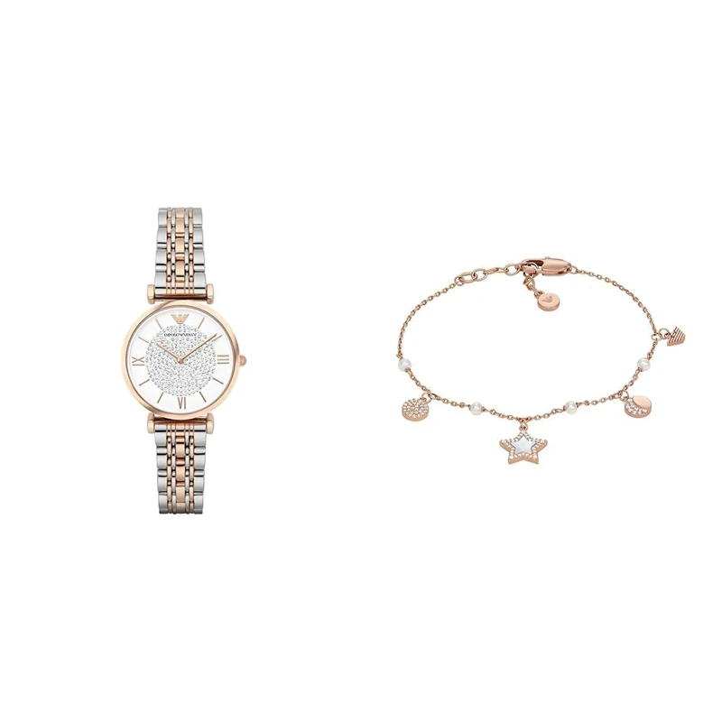 EMPORIO ARMANI Women's Two-Tone Stainless Steel Watch and Rose Gold-Tone Brass Bracelet, Set