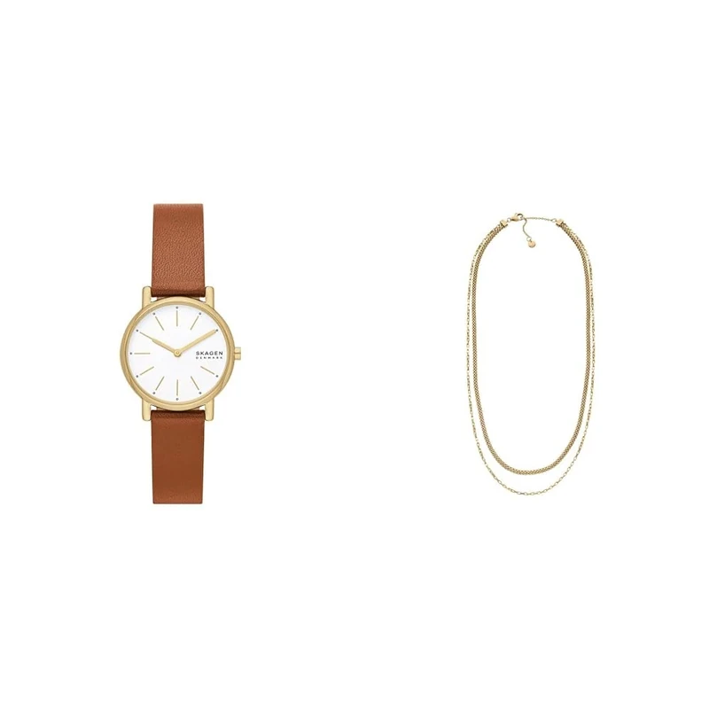 Skagen Women's Signatur Lille Brown Leather Watch and Merete Gold-Tone Stainless Steel Necklace, Set