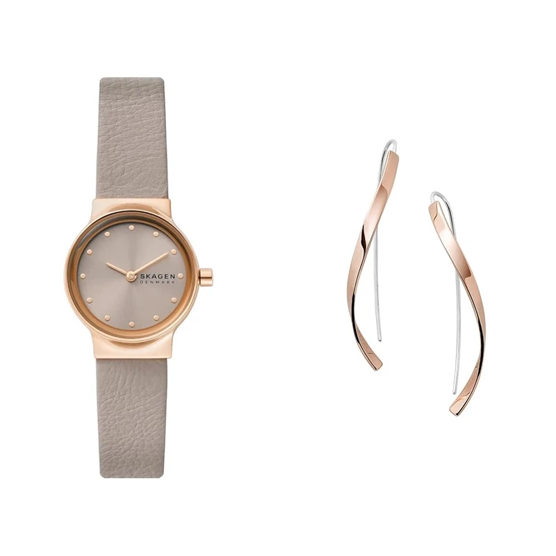 Skagen Women's Freja Lille Grey Leather Watch and Kariana Rose Gold-Tone Stainless Steel Earrings, Set