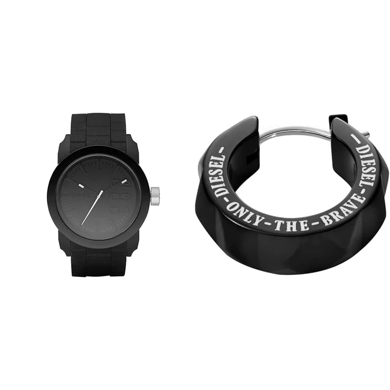 Diesel Men's Double Down S44 Black Silicone Watch and Stainless Steel Earring, Set