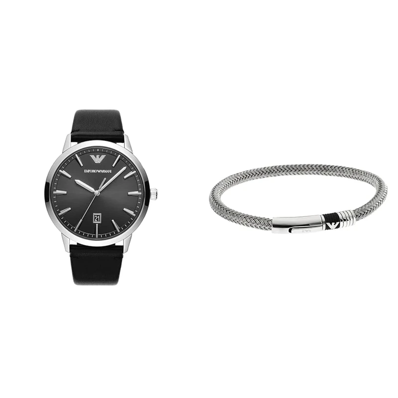 EMPORIO ARMANI Men's Black Leather Watch and Silver-Tone Stainless Steel Bracelet, Set