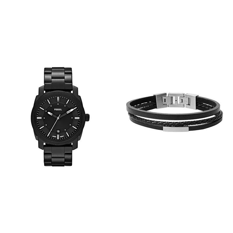 FOSSIL Men's Machine Black Stainless Steel Watch and Townsman Leather Bracelet, Set