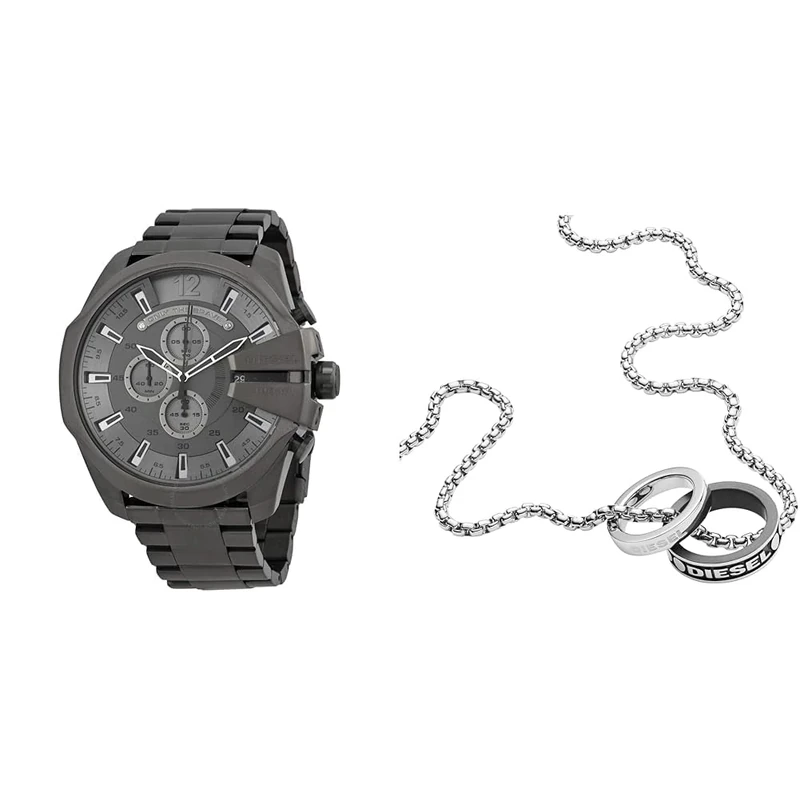 Diesel Men's Mega Chief Grey Stainless Steel Watch and Silver-Tone Necklace, Set