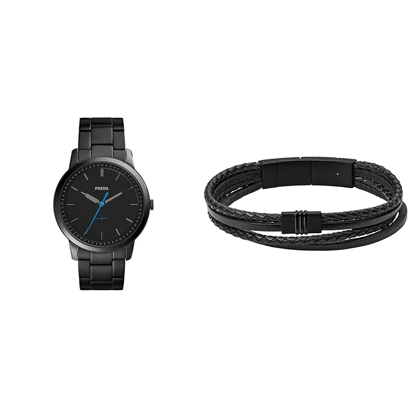 FOSSIL Men's Minimalist Black Stainless Steel Watch and Townsman Bracelet, Set