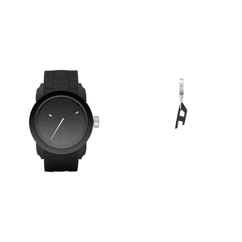 Diesel Men's Double Down S44 Black Silicone Watch and Stainless Steel Earring, Set
