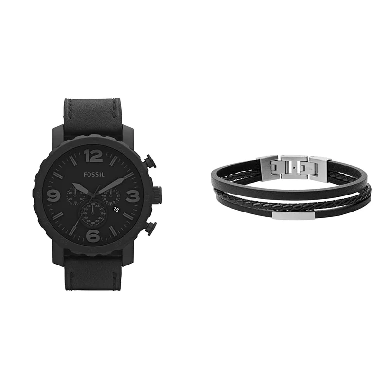 FOSSIL Men's Nate Black Leather Watch and Townsman Bracelet, Set