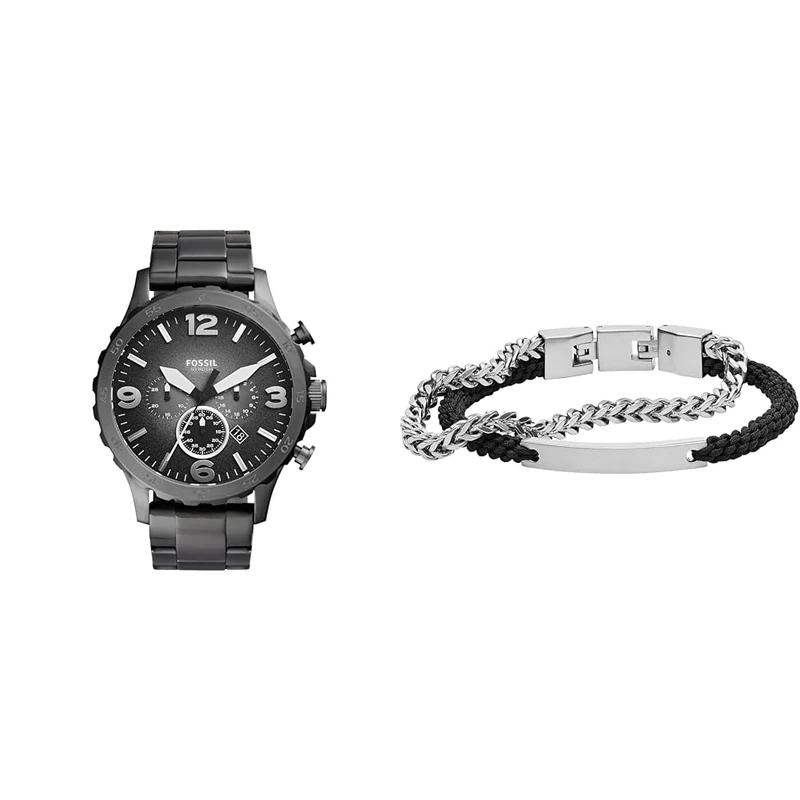 FOSSIL Men's Nate Grey Stainless Steel Watch and Ellis Silver-Tone Bracelet, Set