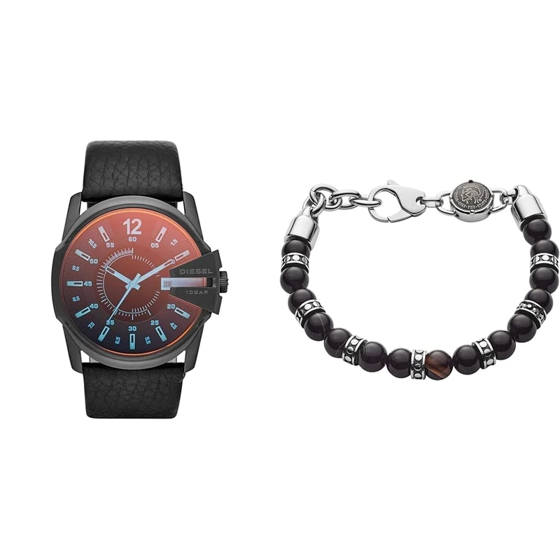 Diesel Men's Master Chief Black Leather Watch and Semi-Precious Bracelet, Set