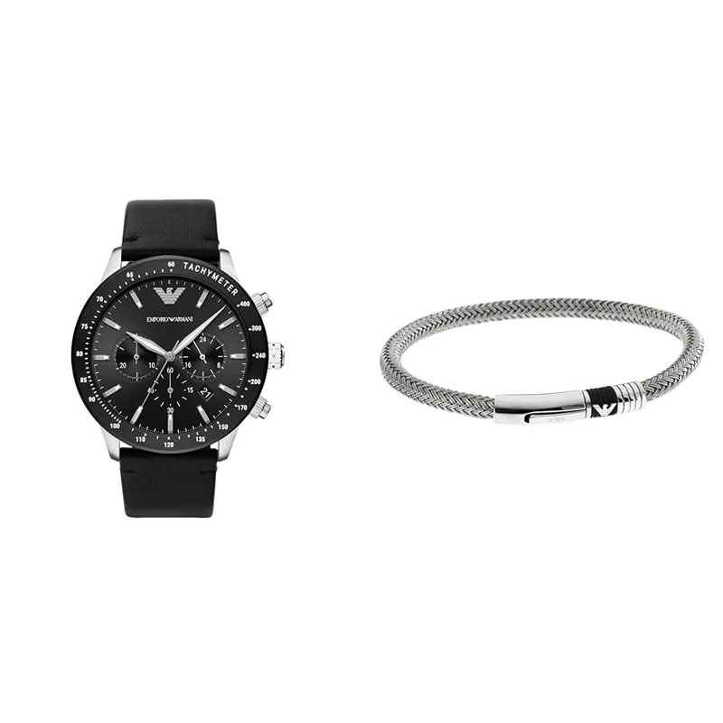 EMPORIO ARMANI Men's Black Leather Watch and Silver-Tone Stainless Steel Bracelet, Set