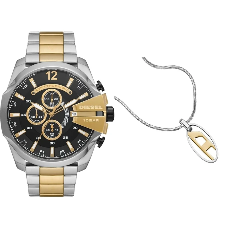 Diesel Men's Mega Chief Two-Tone Stainless Steel Watch and Silver-Tone Necklace, Set
