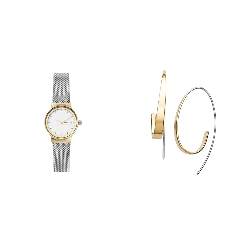 Skagen Women's Freja Lille Silver-Tone Stainless Steel Watch and Kariana Gold-Tone Earrings, Set