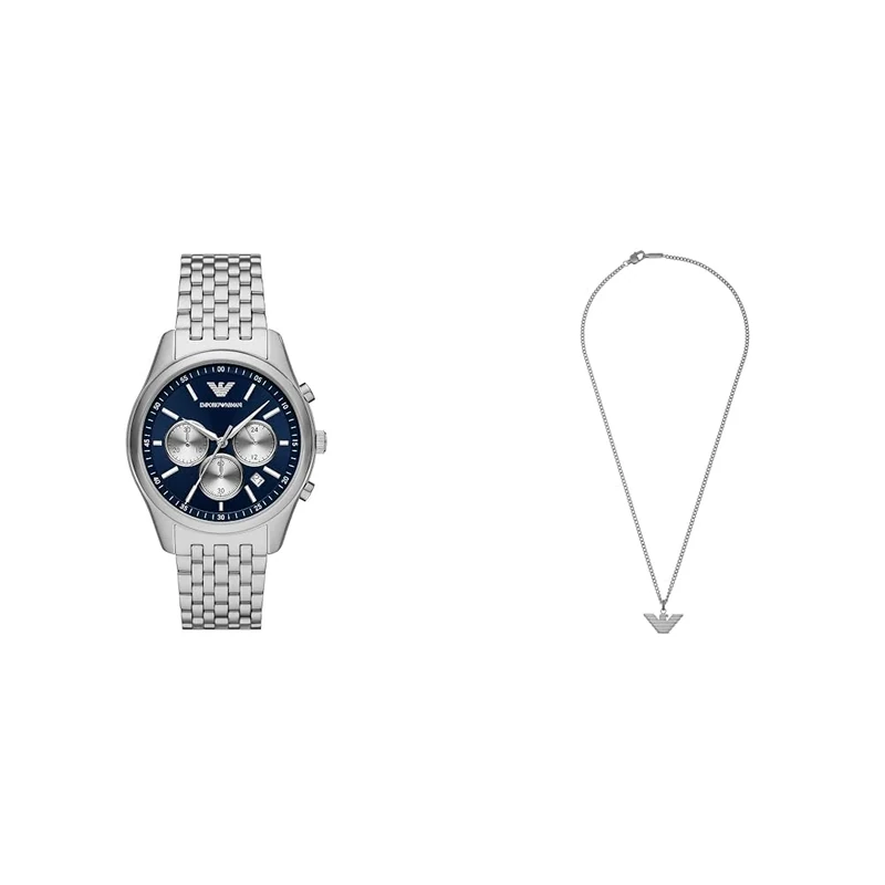 Emporio Armani Men's Silver-Tone Stainless Steel Watch and Necklace, Set