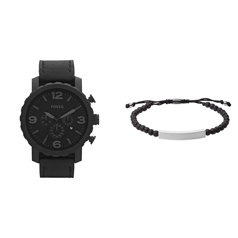 FOSSIL Men's Nate Black Leather Watch and Ellis Semi-Precious Bracelet, Set