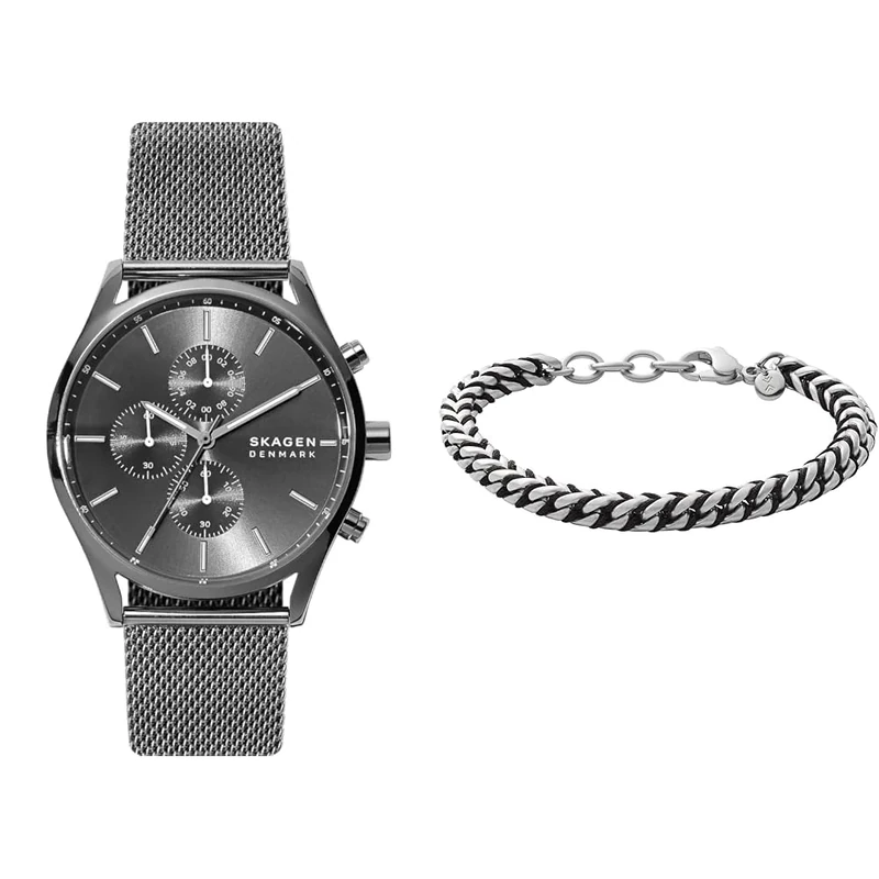 Skagen Men's Holst Chronograph Grey Stainless Steel Watch and Hulsten Silver-Tone Bracelet, Set