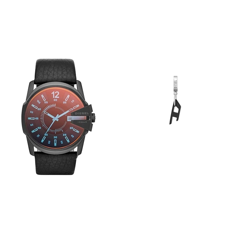Diesel Men's Master Chief Black Leather Watch and Stainless Steel Earrings, Set