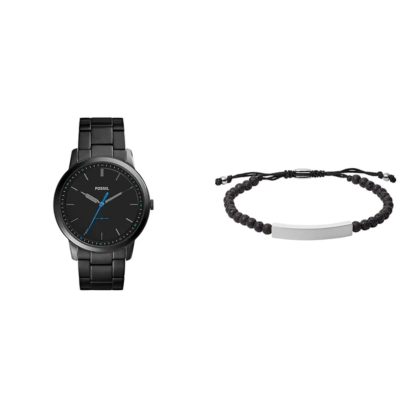 FOSSIL Men's Minimalist Black Stainless Steel Watch and Ellis Semi-Precious Bracelet, Set